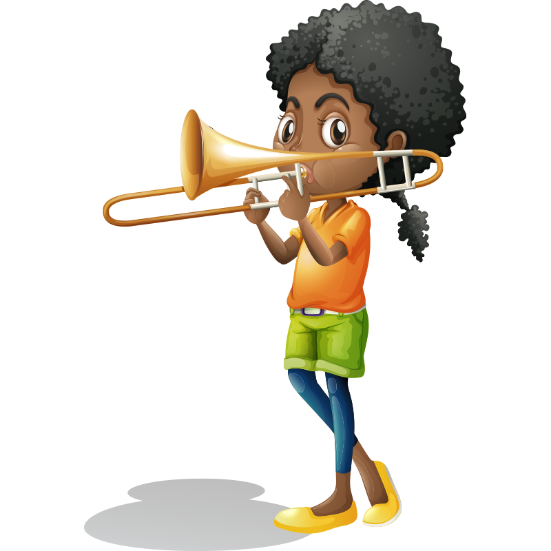 Cartoon image of a girl with a trombone.